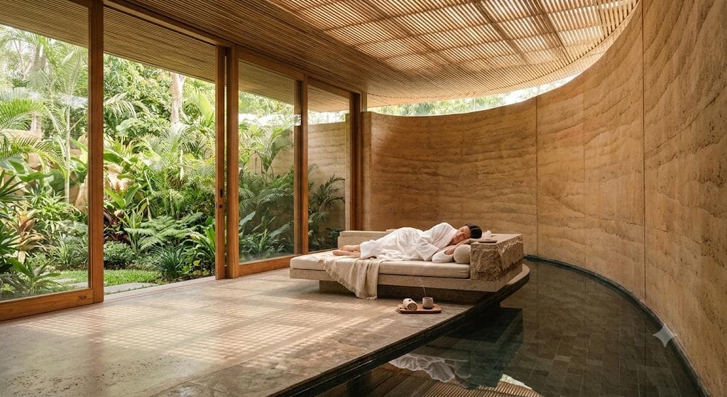 Guest resting on a stone daybed beside a curved rammed-earth wall and reflecting pool, under a slatted wooden roof with filtered light and a garden view